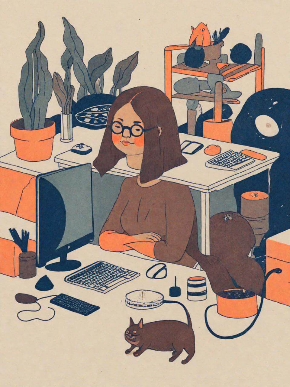 Risography style illustration of a chubby woman programmer wearing round glasses with long brown straigh hair working in a cosy office full of plants